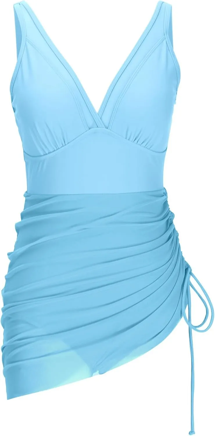TUNUSKAT Womens One Piece Swim Dress Tummy Control Swimsuits Slimming Modest Bathing Suit Sheer Mesh Sarong Wraps Swim Suits