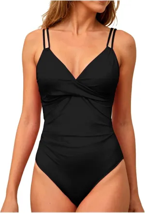 TUQIDEWU One Piece Bathing Suit for Women One Piece Swimsuit Women Tummy Control V Neck Push Up Backless Ruffled Swimwear