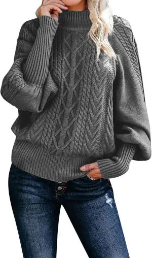 Turtleneck Sweater for Women Oversized Pullover Sweaters Cable Knit Batwing Long Sleeve Loose Fit Chunky Jumper Tops