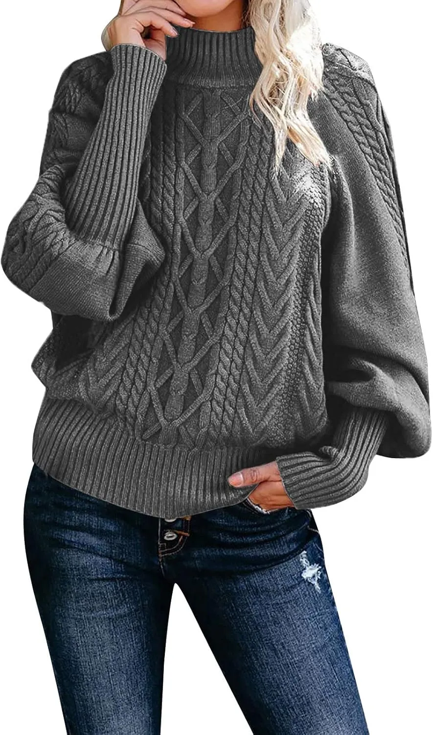 Turtleneck Sweater for Women Oversized Pullover Sweaters Cable Knit Batwing Long Sleeve Loose Fit Chunky Jumper Tops