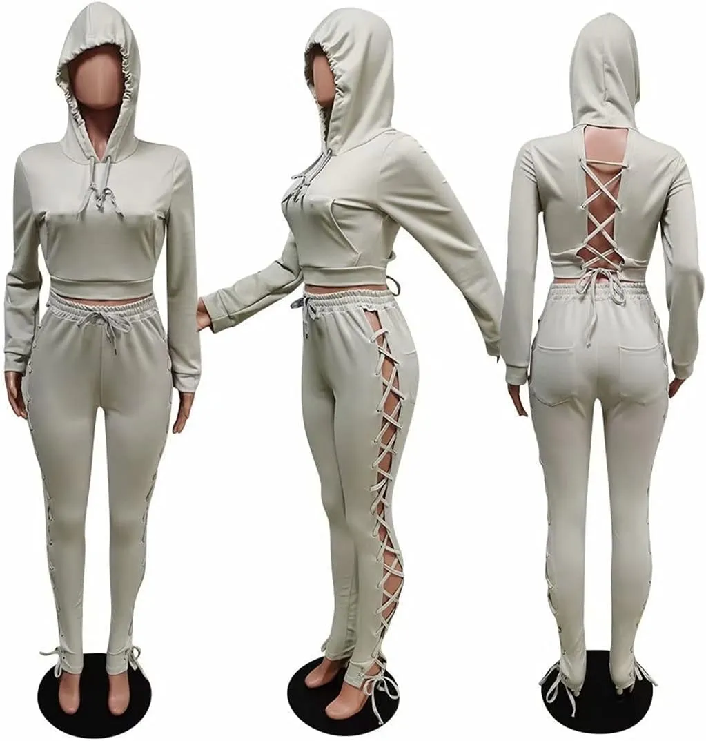 Two Piece Tracksuit for Women Long Sleeve Lace Up Hoodie Sweatshirt and Skinny Long Pants Jumpsuits Sets
