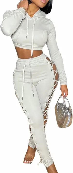 Two Piece Tracksuit for Women Long Sleeve Lace Up Hoodie Sweatshirt and Skinny Long Pants Jumpsuits Sets