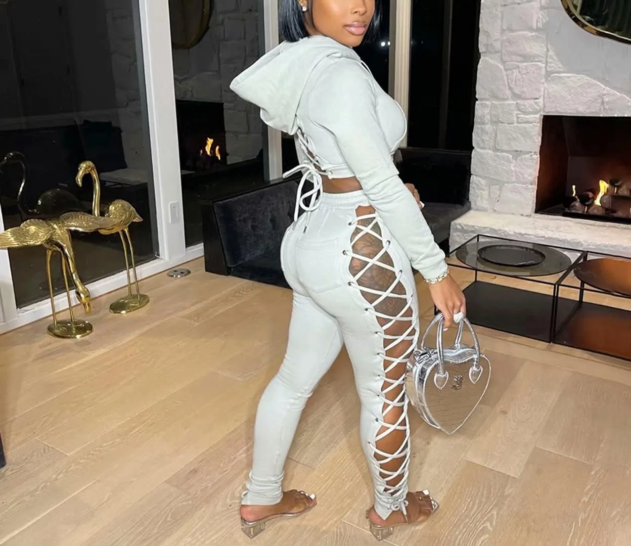 Two Piece Tracksuit for Women Long Sleeve Lace Up Hoodie Sweatshirt and Skinny Long Pants Jumpsuits Sets