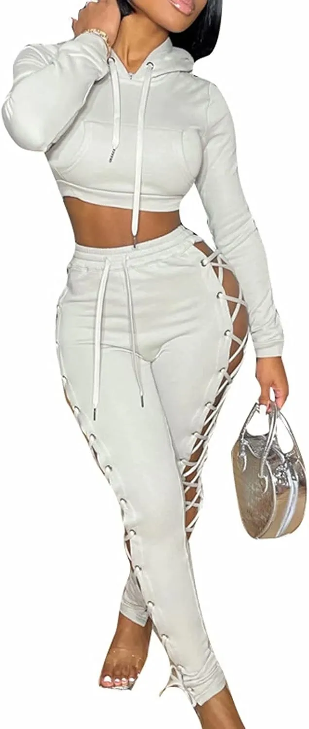 Two Piece Tracksuit for Women Long Sleeve Lace Up Hoodie Sweatshirt and Skinny Long Pants Jumpsuits Sets
