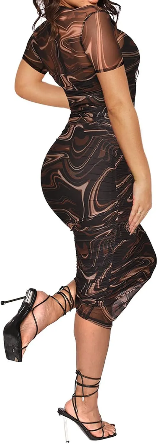 Uni Clau Women Sexy Long Sleeve Printed Sheer Mesh Bodycon Midi Dress See Through Slim Fit Tight Party Clubwear Long Dress
