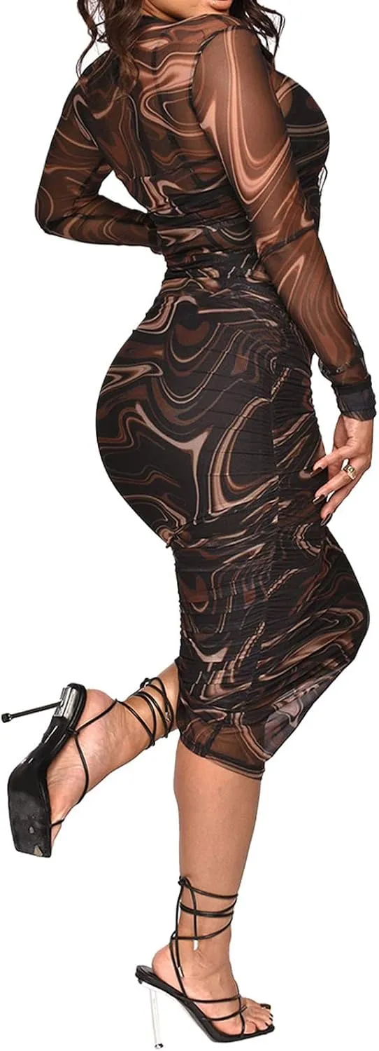 Uni Clau Women Sexy Long Sleeve Printed Sheer Mesh Bodycon Midi Dress See Through Slim Fit Tight Party Clubwear Long Dress