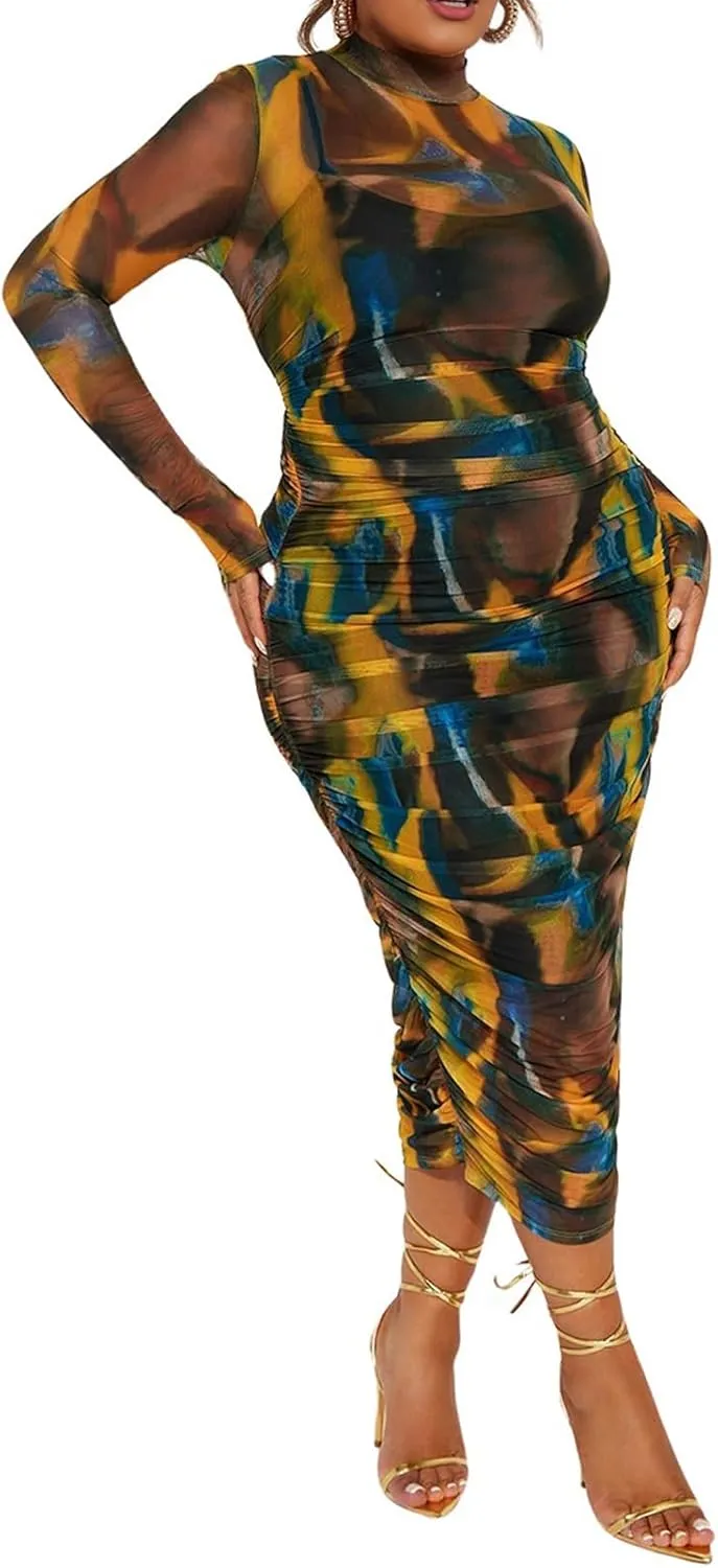 Uni Clau Women Sexy Long Sleeve Printed Sheer Mesh Bodycon Midi Dress See Through Slim Fit Tight Party Clubwear Long Dress