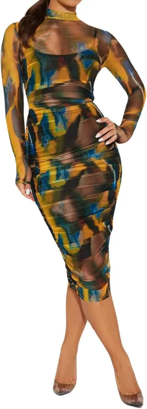 Uni Clau Women Sexy Long Sleeve Printed Sheer Mesh Bodycon Midi Dress See Through Slim Fit Tight Party Clubwear Long Dress