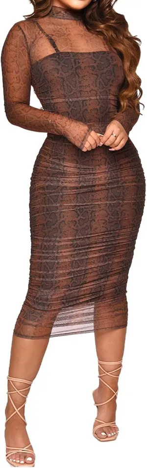 Uni Clau Women Sexy Long Sleeve Printed Sheer Mesh Bodycon Midi Dress See Through Slim Fit Tight Party Clubwear Long Dress