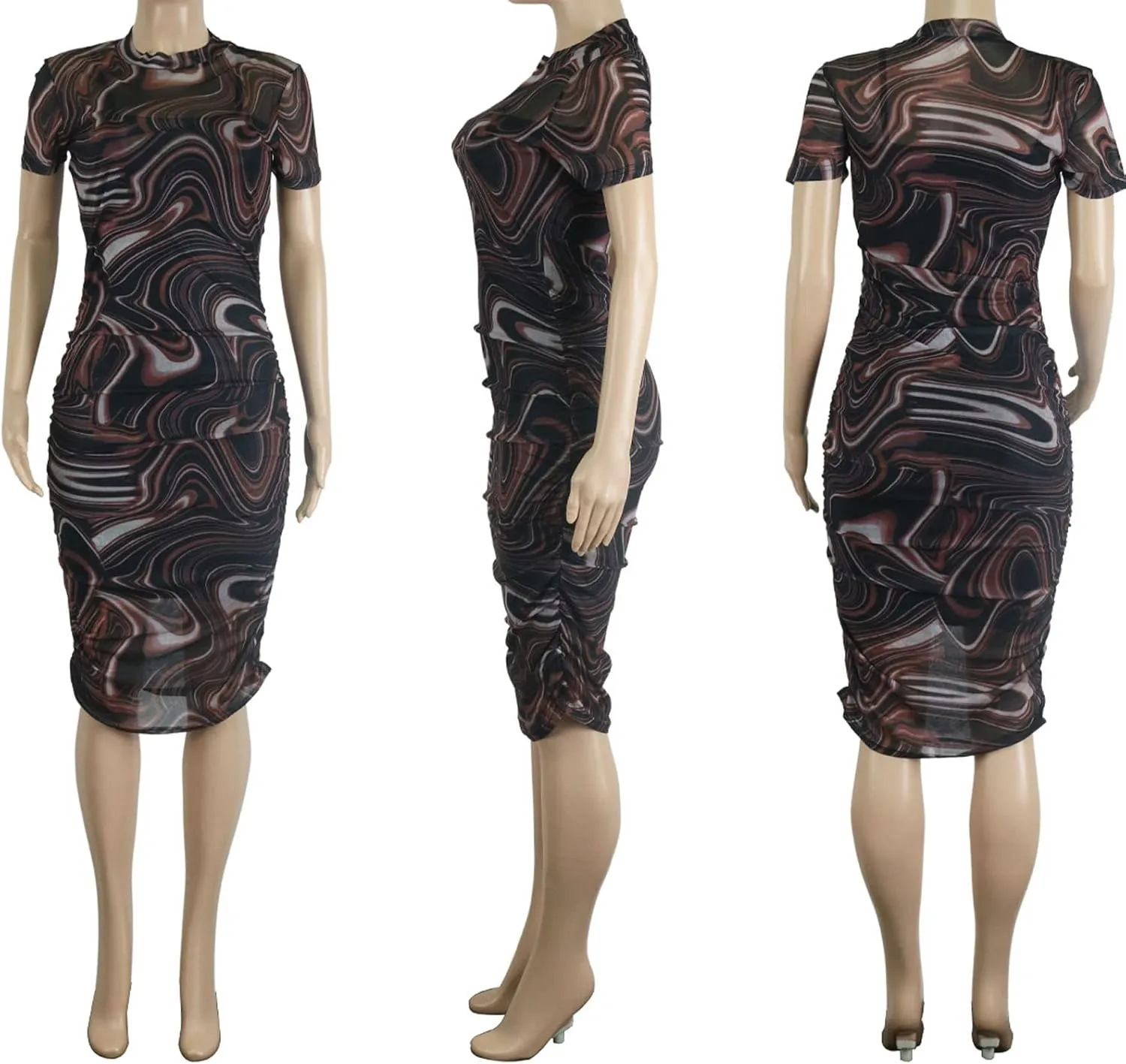 Uni Clau Women Sexy Long Sleeve Printed Sheer Mesh Bodycon Midi Dress See Through Slim Fit Tight Party Clubwear Long Dress