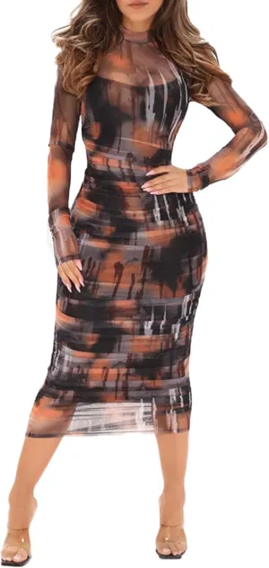 Uni Clau Women Sexy Long Sleeve Printed Sheer Mesh Bodycon Midi Dress See Through Slim Fit Tight Party Clubwear Long Dress