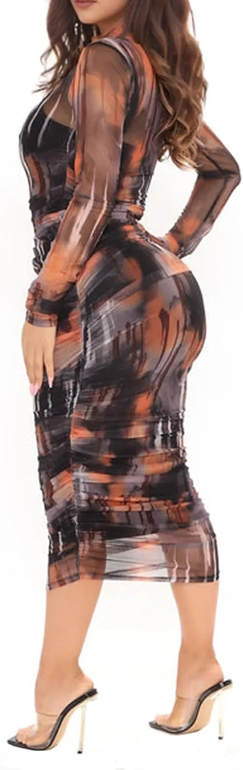 Uni Clau Women Sexy Long Sleeve Printed Sheer Mesh Bodycon Midi Dress See Through Slim Fit Tight Party Clubwear Long Dress