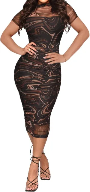 Uni Clau Women Sexy Long Sleeve Printed Sheer Mesh Bodycon Midi Dress See Through Slim Fit Tight Party Clubwear Long Dress