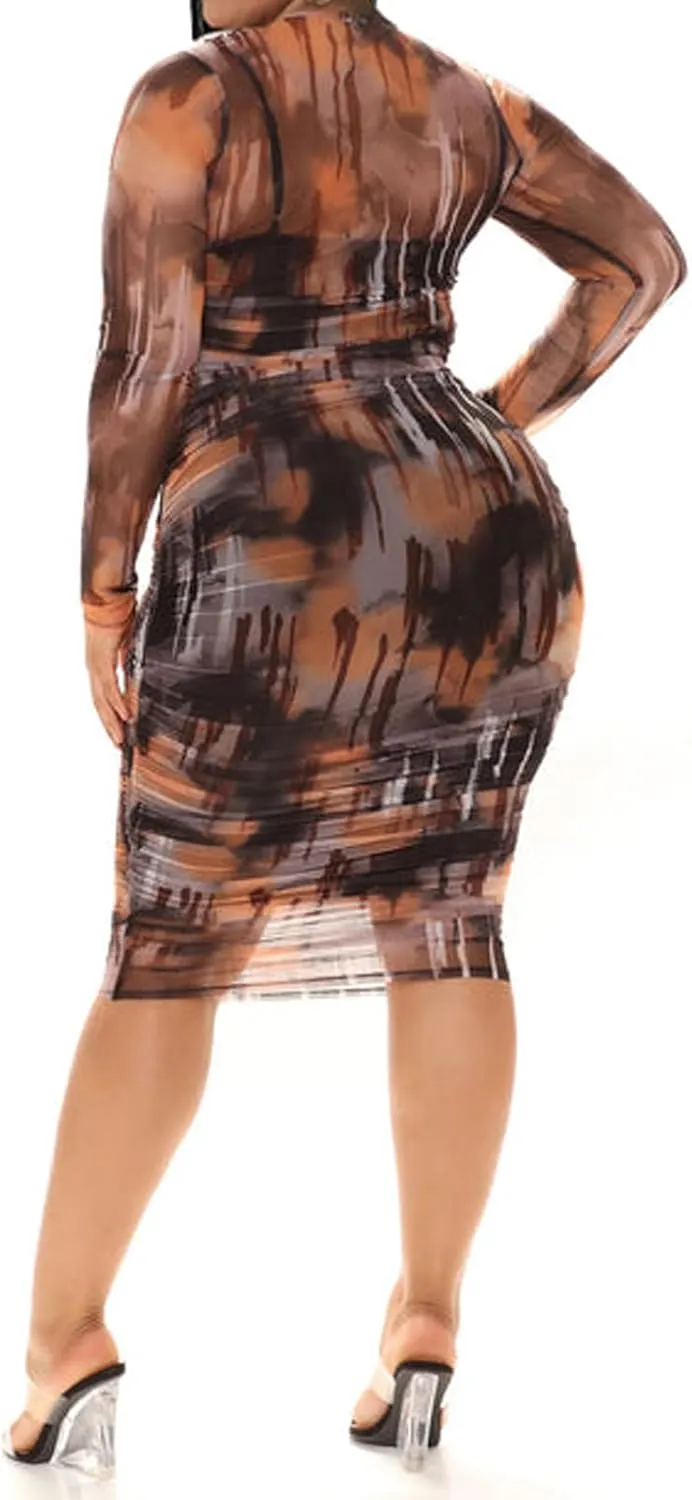 Uni Clau Women Sexy Long Sleeve Printed Sheer Mesh Bodycon Midi Dress See Through Slim Fit Tight Party Clubwear Long Dress