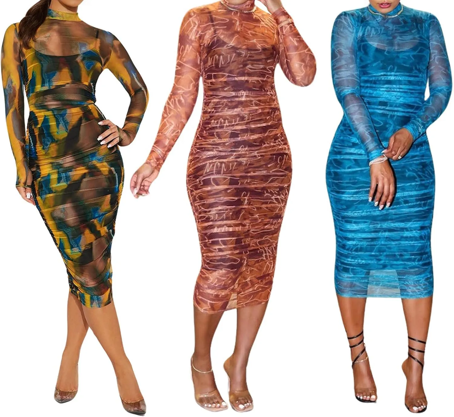 Uni Clau Women Sexy Long Sleeve Printed Sheer Mesh Bodycon Midi Dress See Through Slim Fit Tight Party Clubwear Long Dress