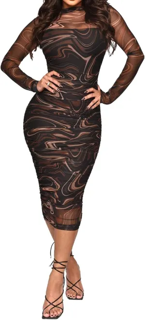 Uni Clau Women Sexy Long Sleeve Printed Sheer Mesh Bodycon Midi Dress See Through Slim Fit Tight Party Clubwear Long Dress