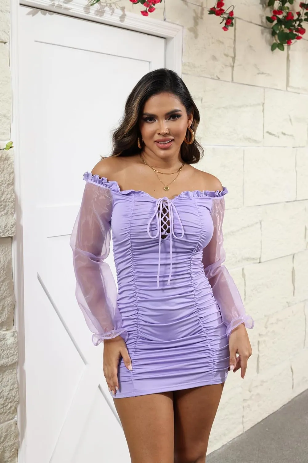 Uni Clau Women Sexy Off Shoulder Drawstring V Neck Mini Dress Mesh Sheer Puff Long Sleeve Bodycon Clubwear Dress