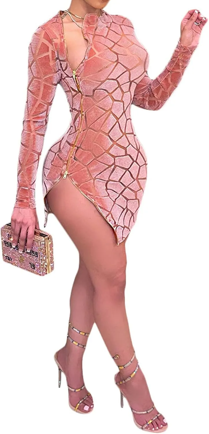 Uni Clau Women Sexy Sheer Mesh Boydcon Midi Dress See Through Printed Long Sleeve Midi Skinny Clubwear Party Dress