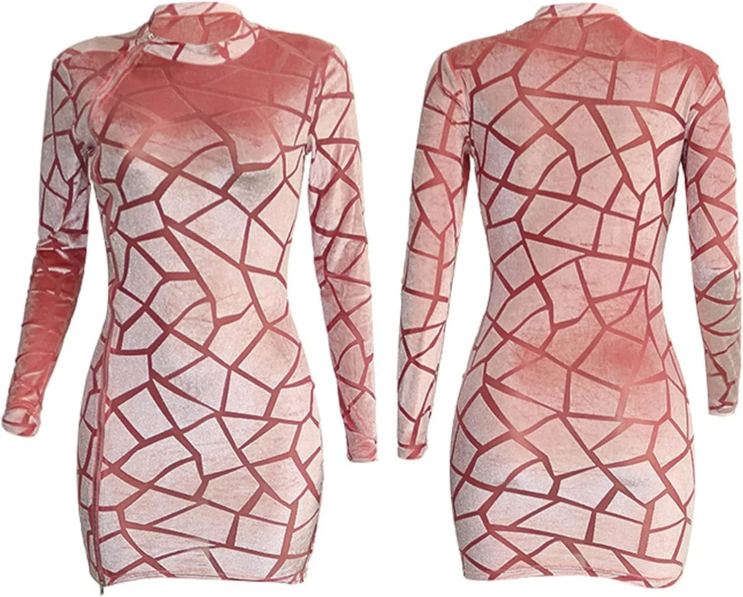 Uni Clau Women Sexy Sheer Mesh Boydcon Midi Dress See Through Printed Long Sleeve Midi Skinny Clubwear Party Dress