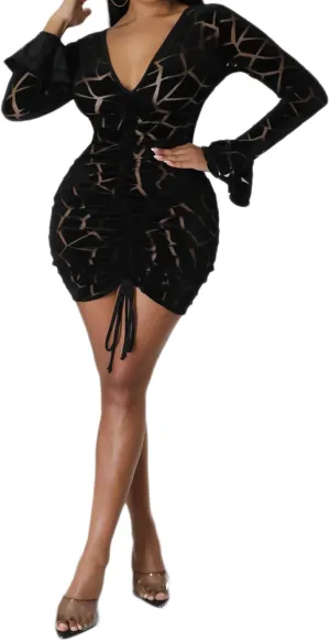 Uni Clau Women Sexy Sheer Mesh Boydcon Midi Dress See Through Printed Long Sleeve Midi Skinny Clubwear Party Dress