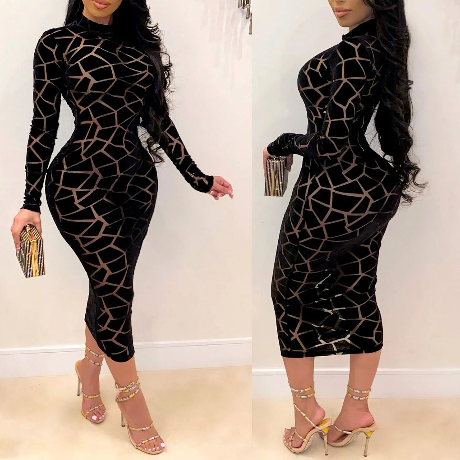 Uni Clau Women Sexy Sheer Mesh Boydcon Midi Dress See Through Printed Long Sleeve Midi Skinny Clubwear Party Dress