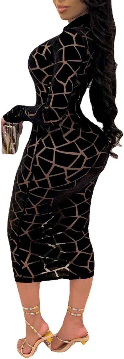 Uni Clau Women Sexy Sheer Mesh Boydcon Midi Dress See Through Printed Long Sleeve Midi Skinny Clubwear Party Dress