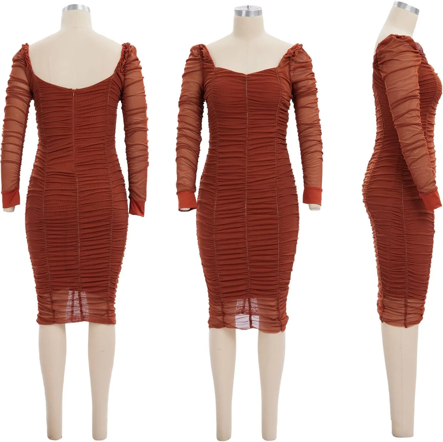 Uni Clau Women Sexy V Neck Mesh Long Sleeve Mini Dress See Through Party Night Clubwear Ruched Bodycon Dress