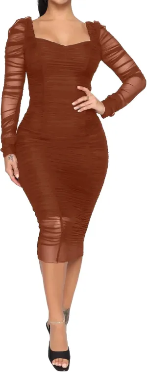 Uni Clau Women Sexy V Neck Mesh Long Sleeve Mini Dress See Through Party Night Clubwear Ruched Bodycon Dress