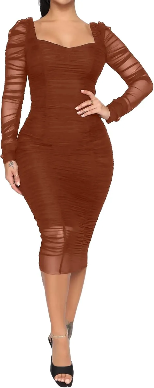 Uni Clau Women Sexy V Neck Mesh Long Sleeve Mini Dress See Through Party Night Clubwear Ruched Bodycon Dress