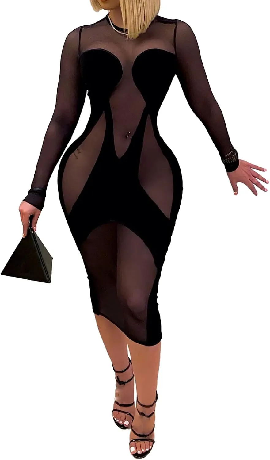 Uni Clau Womens Sexy See Through Sleeveless Cover Up Dress Deep V Neck Swimsuit Bodycon Midi Beach Dress Clubwear Dresses