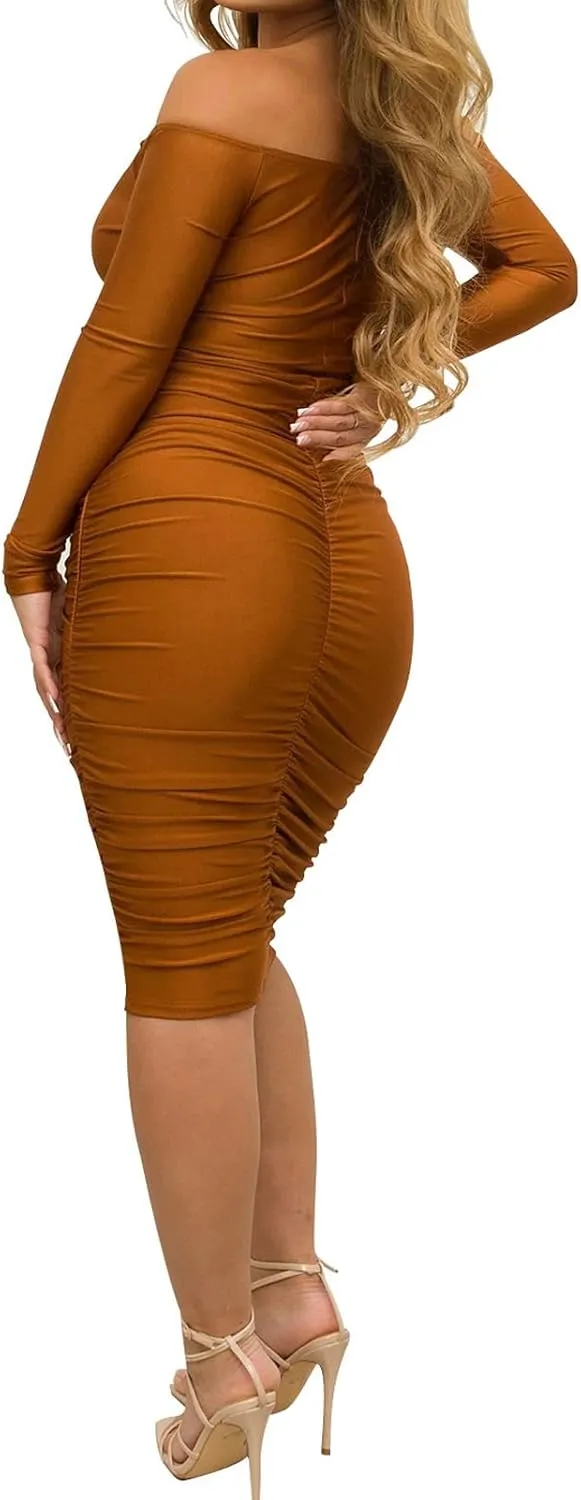 Uni Clau Women's Sexy V Neck Off Shoulder Ruched Bodycon Dress Long Sleeve Slim Fit Cocktail Midi Dress Party Dresses