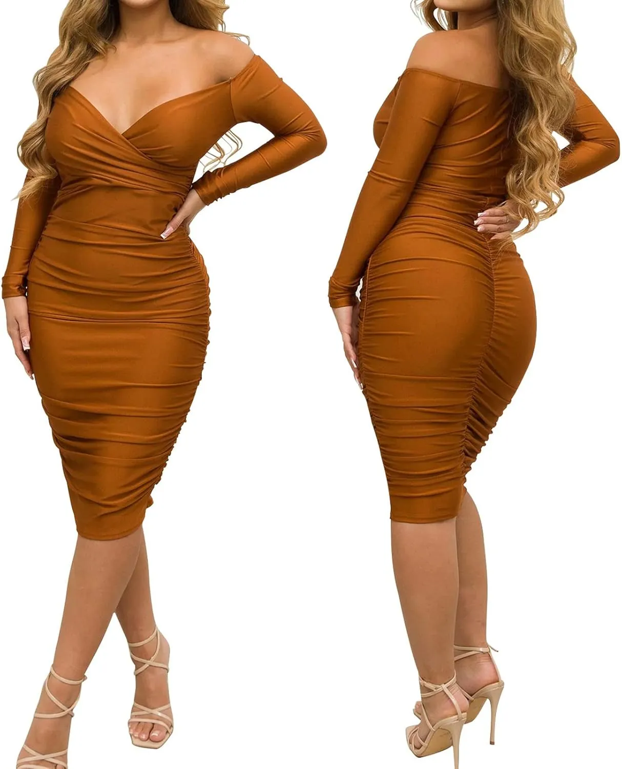 Uni Clau Women's Sexy V Neck Off Shoulder Ruched Bodycon Dress Long Sleeve Slim Fit Cocktail Midi Dress Party Dresses
