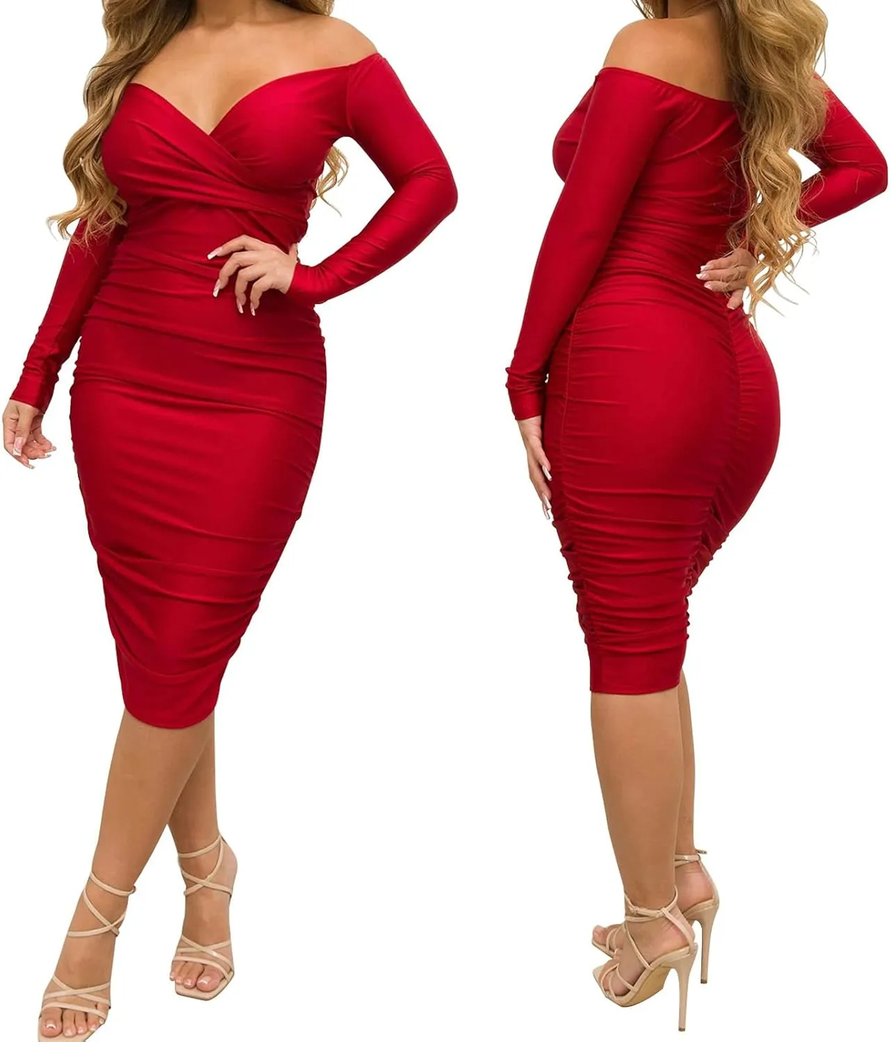 Uni Clau Women's Sexy V Neck Off Shoulder Ruched Bodycon Dress Long Sleeve Slim Fit Cocktail Midi Dress Party Dresses