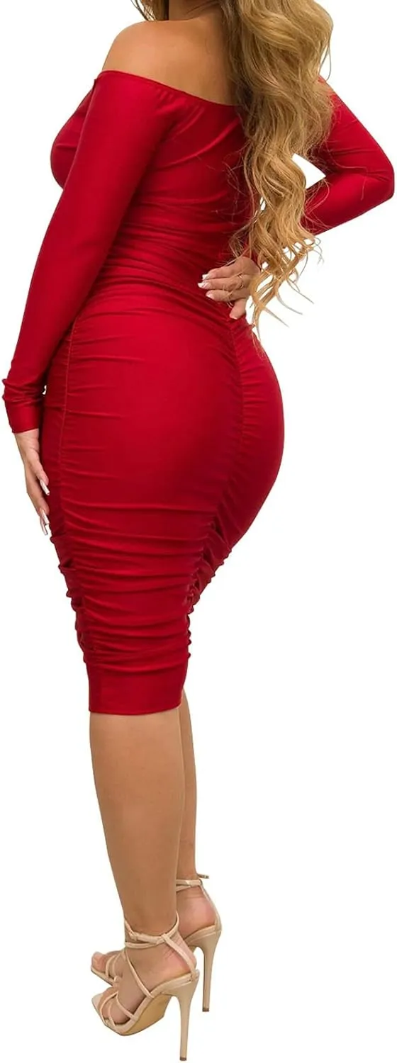 Uni Clau Women's Sexy V Neck Off Shoulder Ruched Bodycon Dress Long Sleeve Slim Fit Cocktail Midi Dress Party Dresses