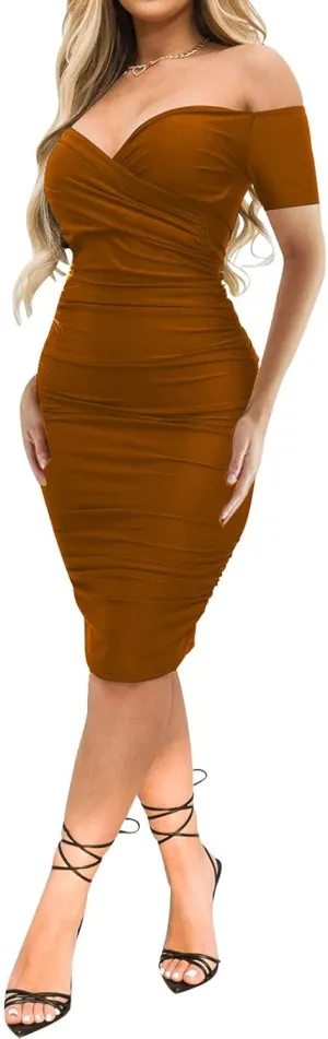 Uni Clau Women's Sexy V Neck Off Shoulder Ruched Bodycon Dress Long Sleeve Slim Fit Cocktail Midi Dress Party Dresses