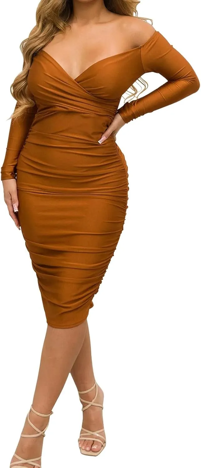 Uni Clau Women's Sexy V Neck Off Shoulder Ruched Bodycon Dress Long Sleeve Slim Fit Cocktail Midi Dress Party Dresses