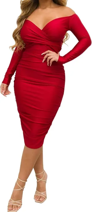 Uni Clau Women's Sexy V Neck Off Shoulder Ruched Bodycon Dress Long Sleeve Slim Fit Cocktail Midi Dress Party Dresses