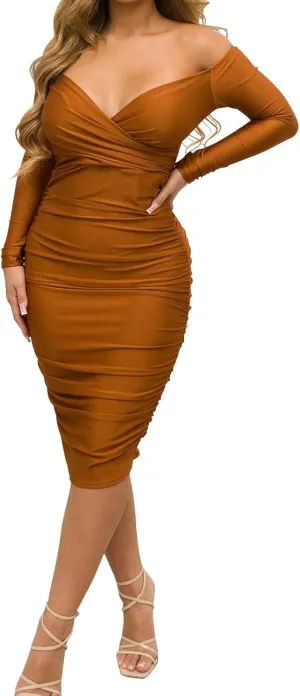 Uni Clau Women's Sexy V Neck Off Shoulder Ruched Bodycon Dress Long Sleeve Slim Fit Cocktail Midi Dress Party Dresses