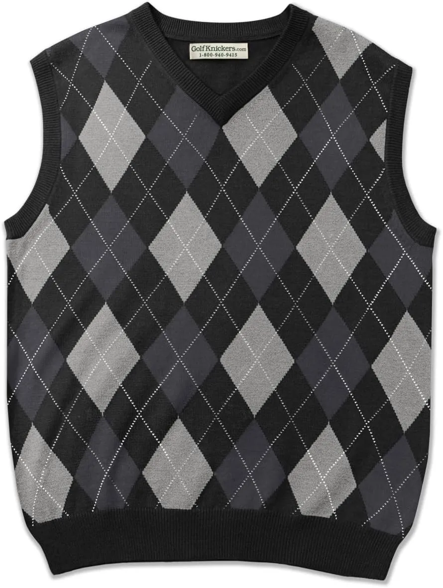 V-Neck Argyle Golf Sweater Vests - GolfKnickers: Mens - Pullover - (EE-6Z)