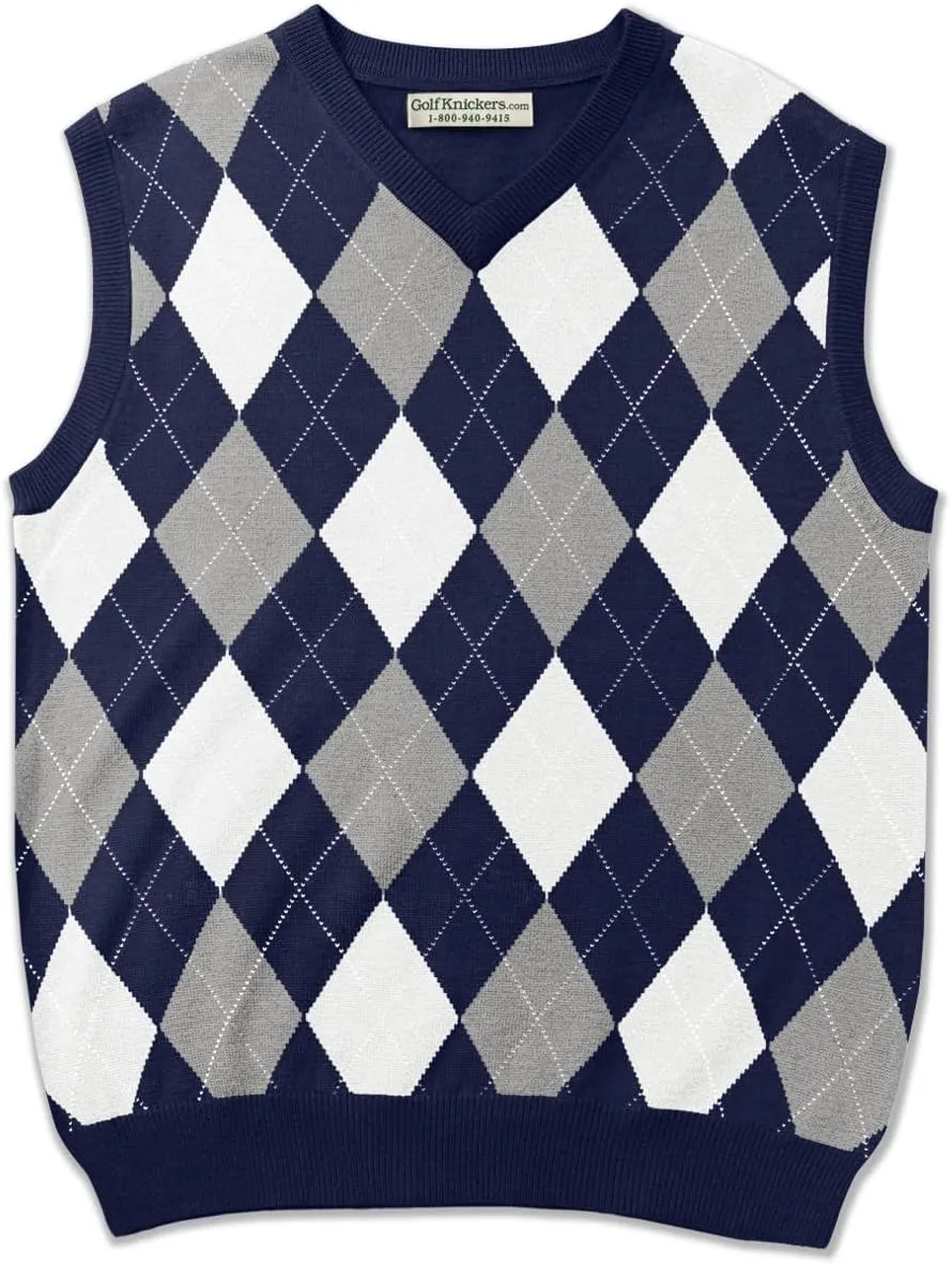 V-Neck Argyle Golf Sweater Vests - GolfKnickers: Mens - Pullover - (EE-6Z)