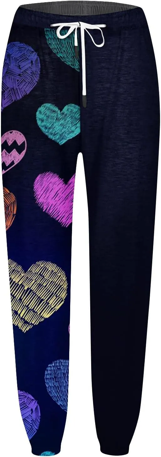 Valentines Sweatpant for Women Love Heart Printed Baggy Pants Elastic Waist Joggers Casual Loose Trousers Bottoms