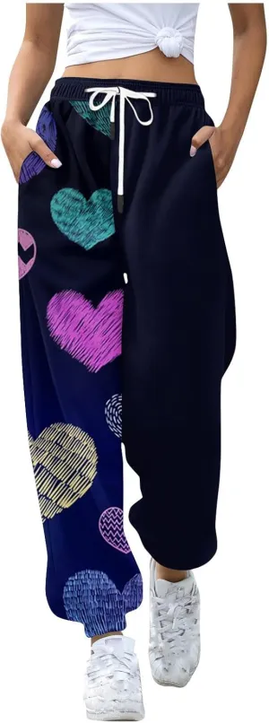 Valentines Sweatpant for Women Love Heart Printed Baggy Pants Elastic Waist Joggers Casual Loose Trousers Bottoms