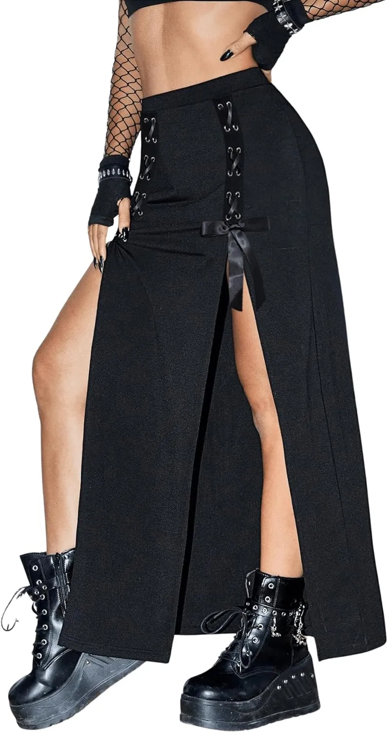 Verdusa Women's Buckle Split Thigh High Waist Clubwear Punk Loose Maxi Skirt