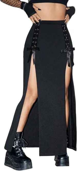 Verdusa Women's Buckle Split Thigh High Waist Clubwear Punk Loose Maxi Skirt