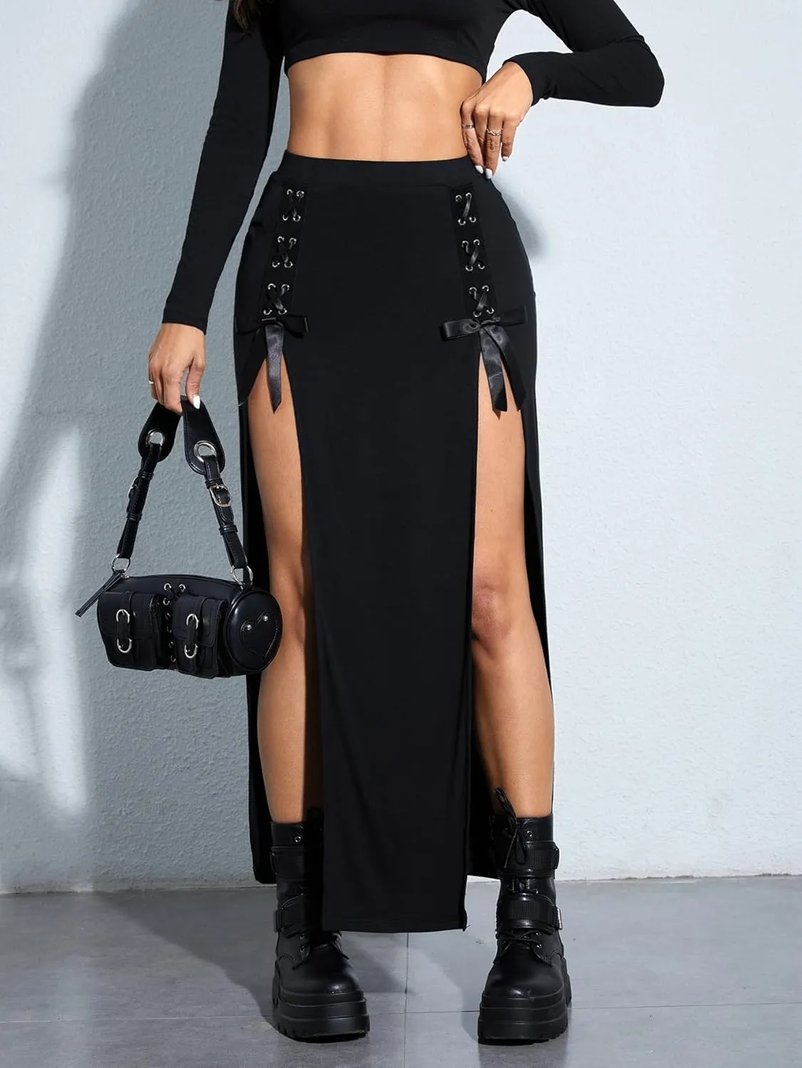 Verdusa Women's Buckle Split Thigh High Waist Clubwear Punk Loose Maxi Skirt
