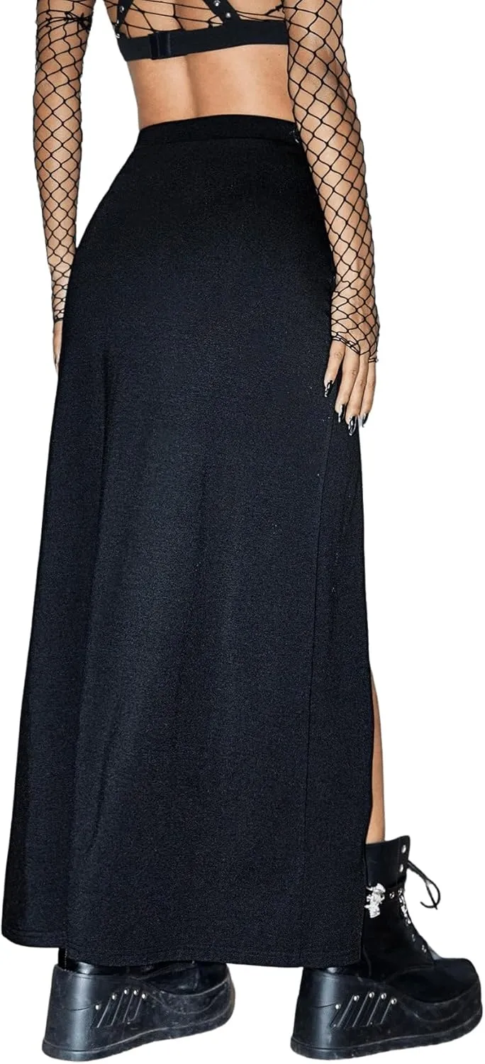 Verdusa Women's Buckle Split Thigh High Waist Clubwear Punk Loose Maxi Skirt