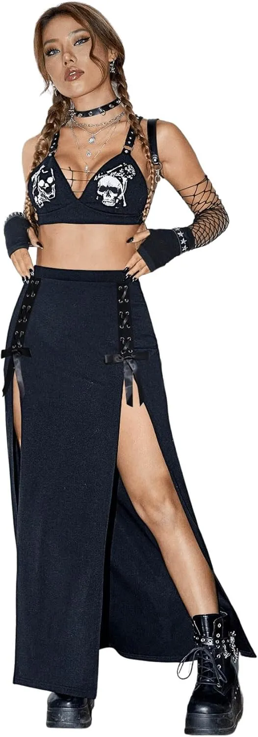 Verdusa Women's Buckle Split Thigh High Waist Clubwear Punk Loose Maxi Skirt
