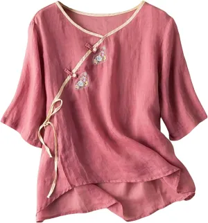 Western Shirts for Women Ethnic Embroidery Button Front Short Sleeve Linen Blend Casual Boho Style Summer Tops