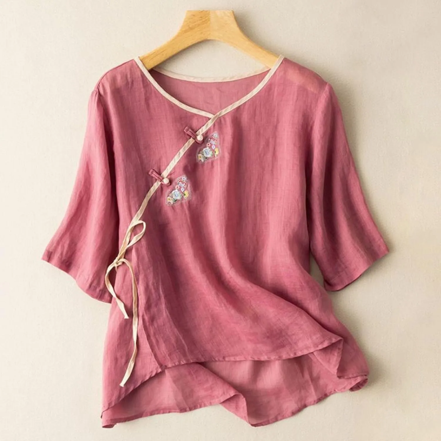 Western Shirts for Women Ethnic Embroidery Button Front Short Sleeve Linen Blend Casual Boho Style Summer Tops
