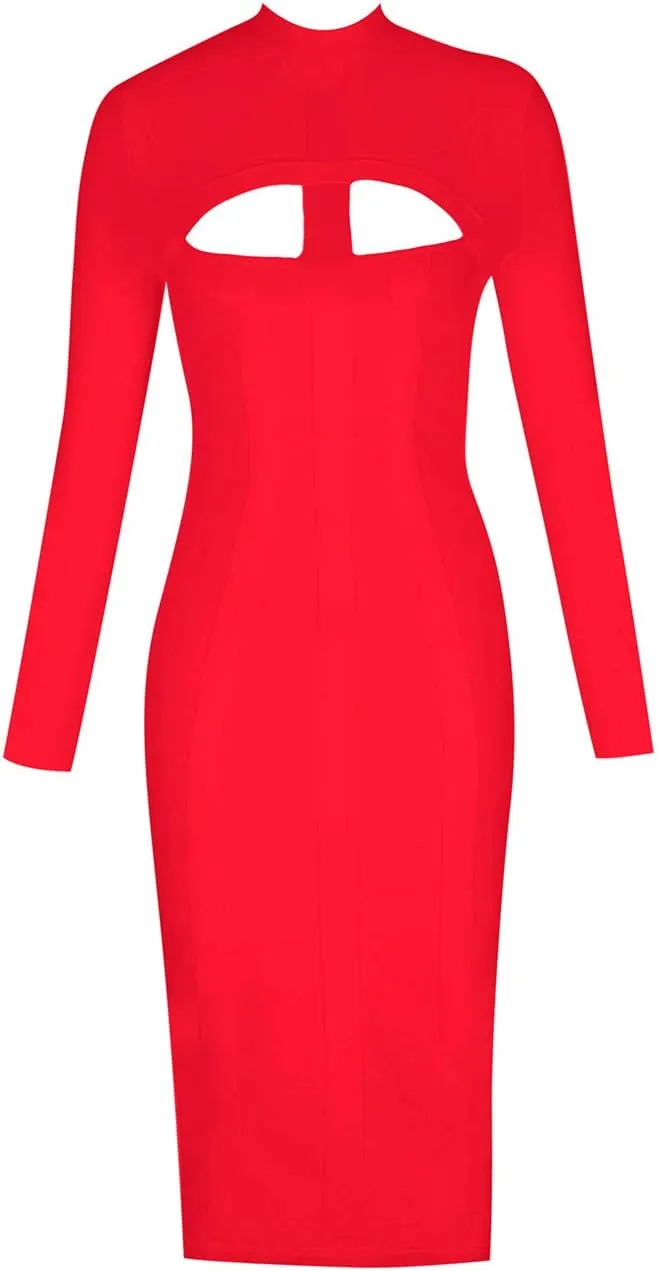 Whoinshop Women's Cut Out Long Sleeve Party Bandage Dress Clubwear Midi